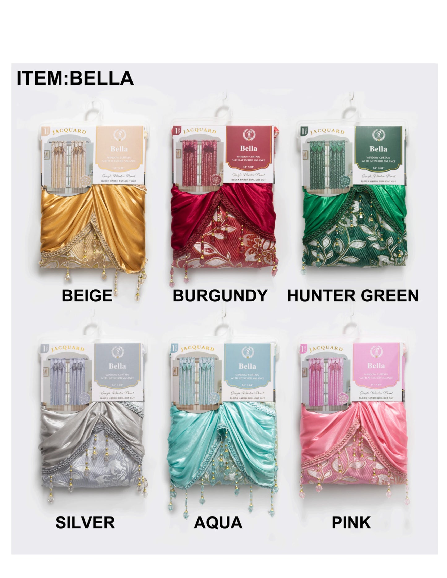 Packaged curtains in various colors with labels