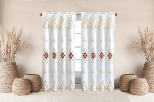 Amani Embroidered Window Panel With Attached Valance Luxury Curtain Set - Stylish Curtains