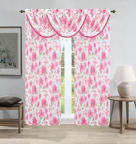 Anika 5-Piece Floral Curtain Set – 3 Valances & 2 Panels - Stylish Curtains