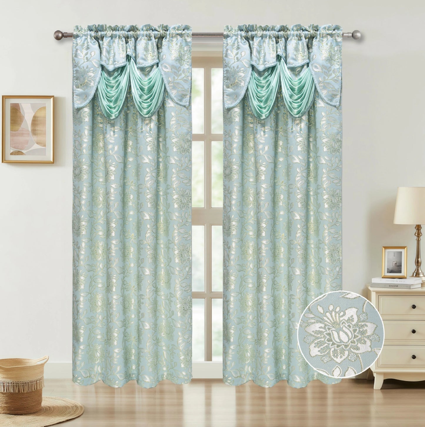 Decorative green curtains with floral patterns in a room setting.