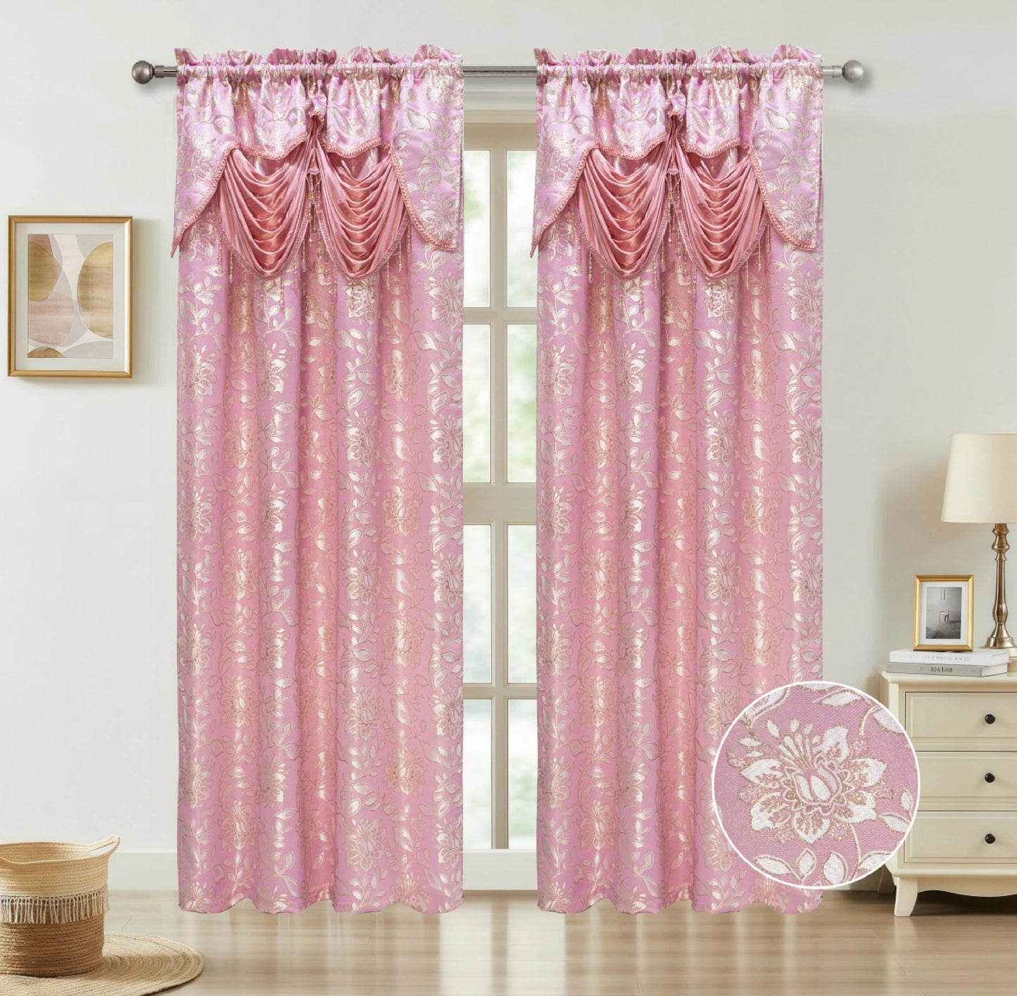 Pink curtains with decorative valance in a room setting