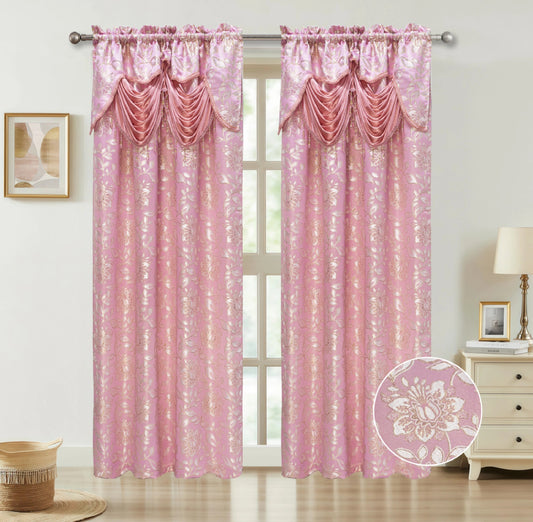 Pink curtains with decorative valance in a room setting