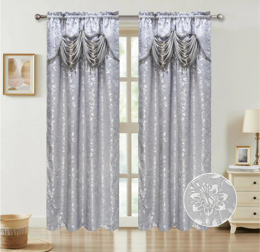Silver curtain with decorative valance in a room setting