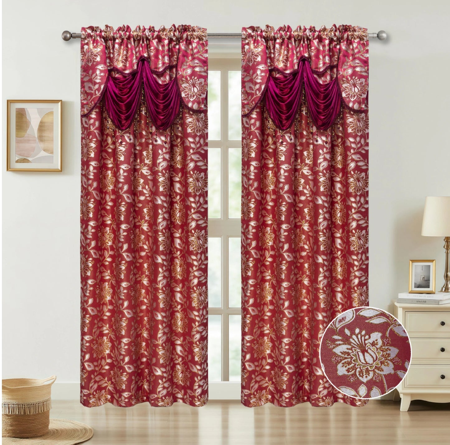 Red floral curtains with purple valances on a window, with a room setting in the background.
