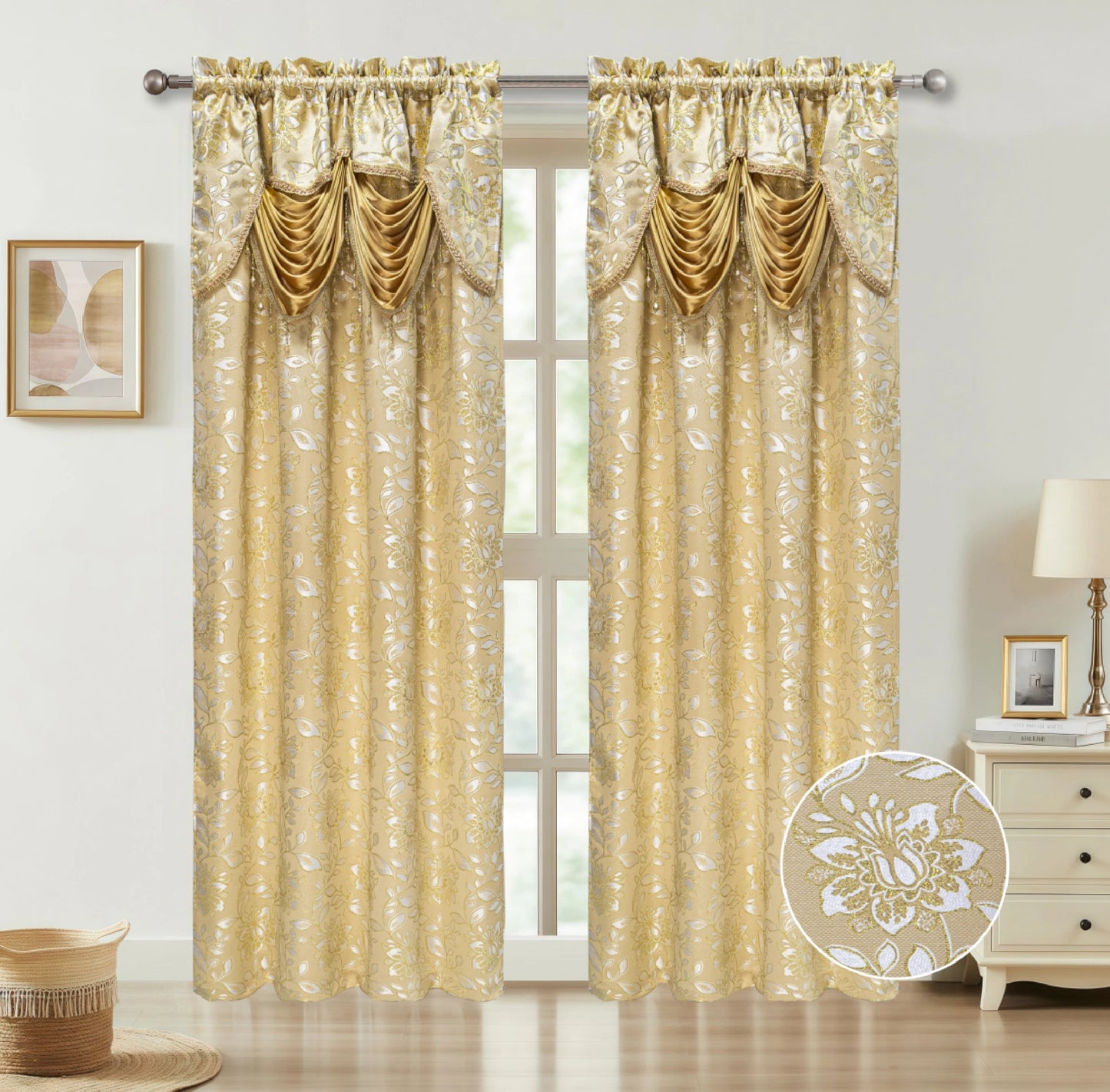 Gold curtains with decorative valance in a room setting