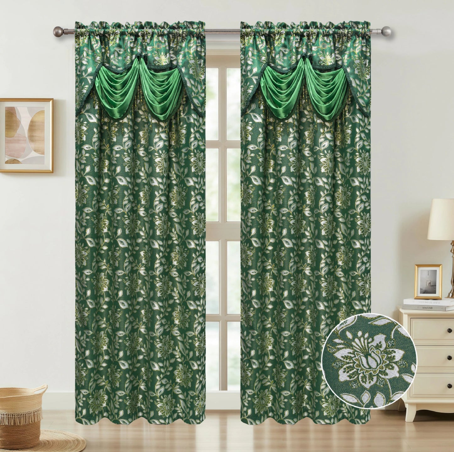 Green floral curtains with a decorative valance in a room setting.