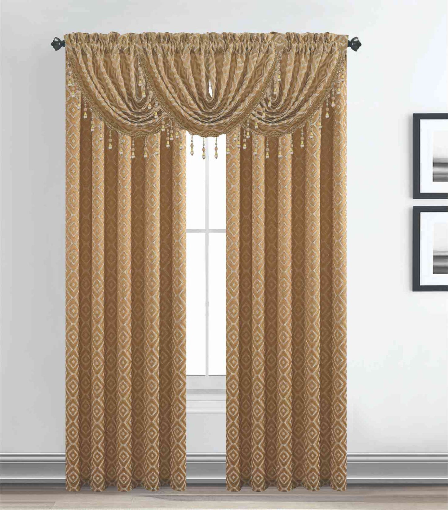 Maxine Jacquard Curtain Panel & Waterfall Valance Set - 5 Pieces (2 Panels + 3 Valance) - Stylish Curtains