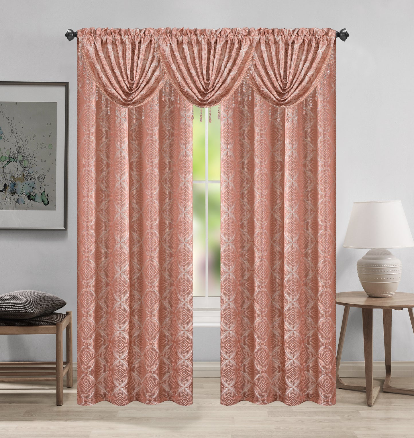 Margo Jacquard Curtain Panel & Waterfall Valance Set - 5 Pieces (2 Panels + 3 Valance) - Stylish Curtains