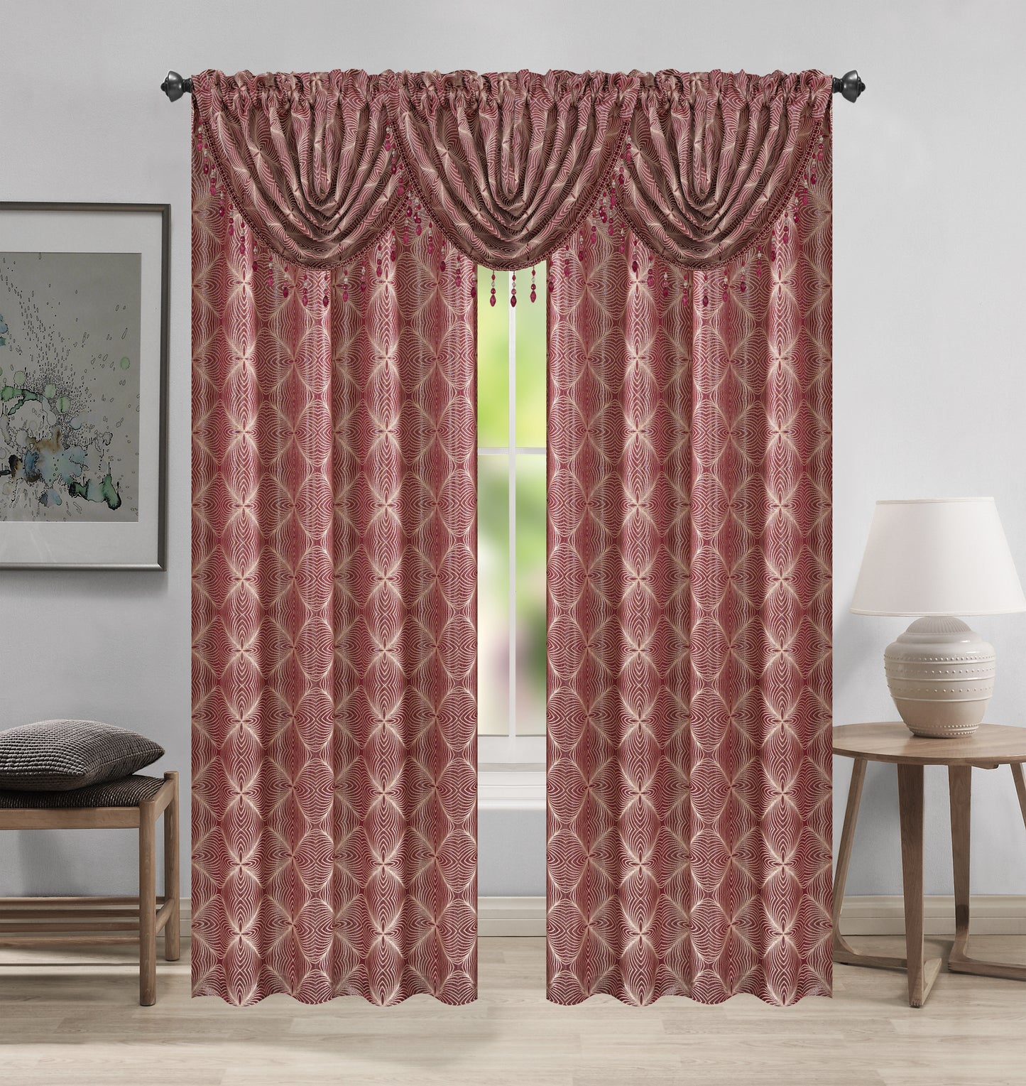 Margo Jacquard Curtain Panel & Waterfall Valance Set - 5 Pieces (2 Panels + 3 Valance) - Stylish Curtains