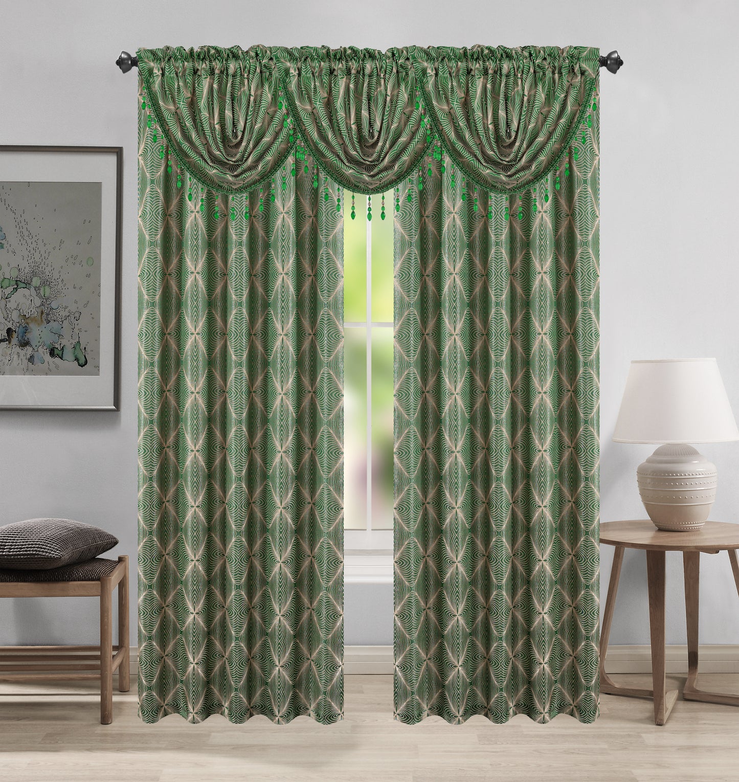 Margo Jacquard Curtain Panel & Waterfall Valance Set - 5 Pieces (2 Panels + 3 Valance) - Stylish Curtains