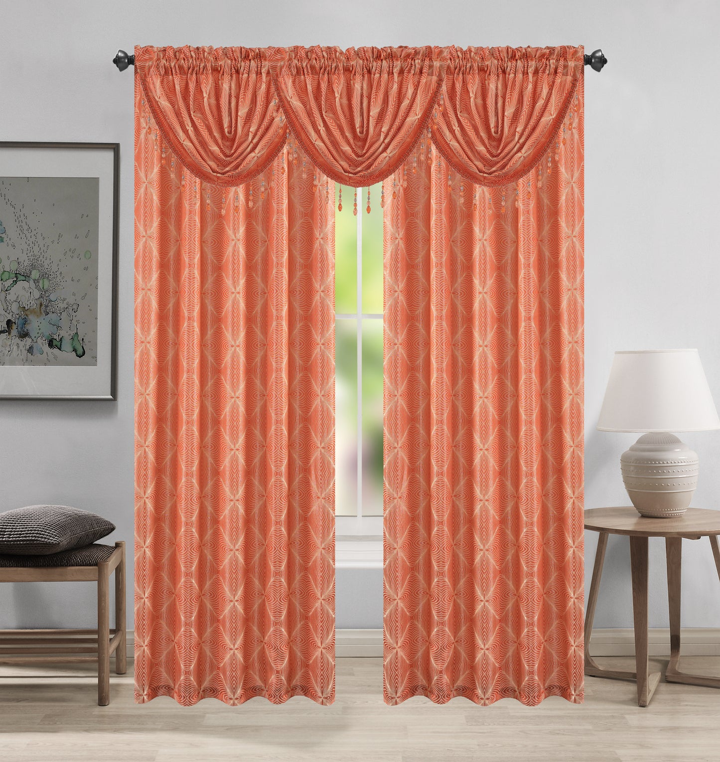 Margo Jacquard Curtain Panel & Waterfall Valance Set - 5 Pieces (2 Panels + 3 Valance) - Stylish Curtains