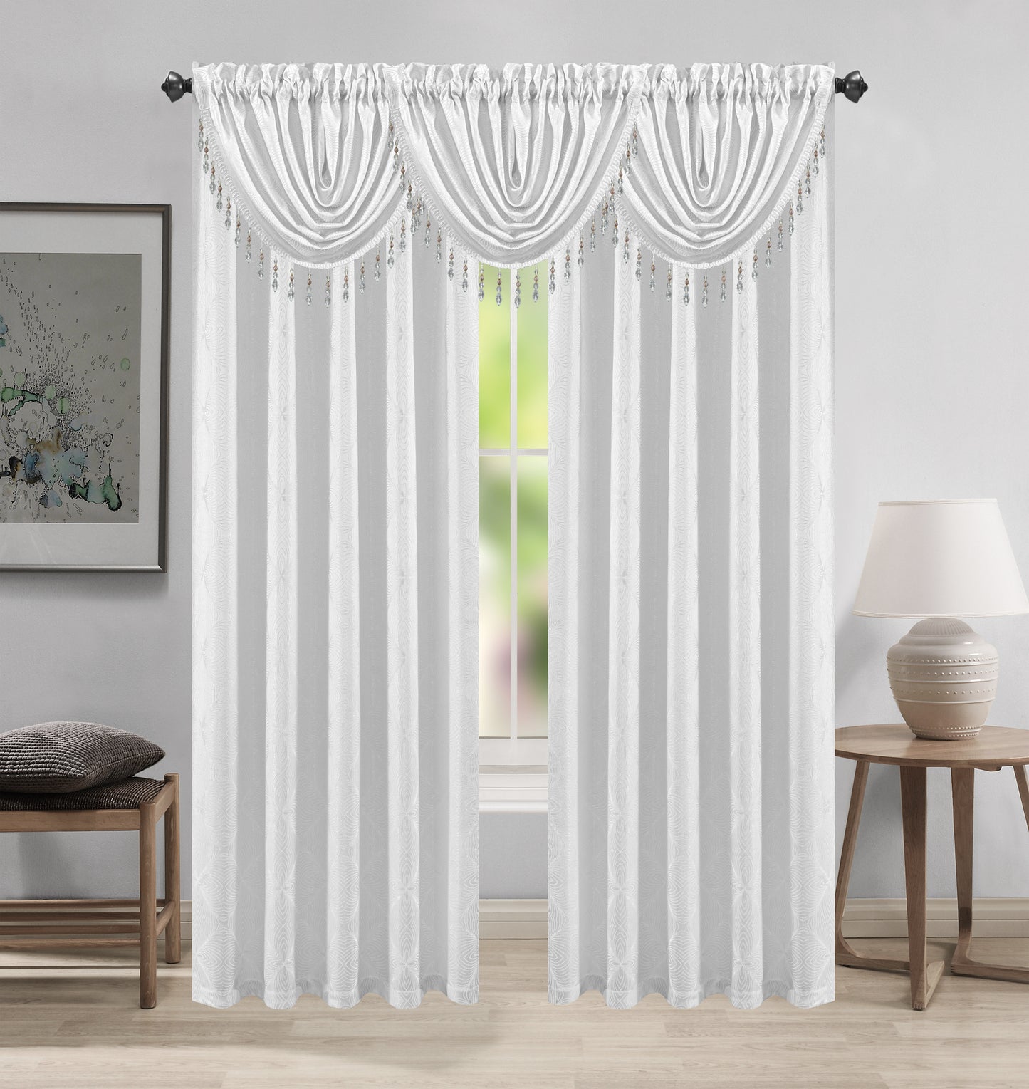 Margo Jacquard Curtain Panel & Waterfall Valance Set - 5 Pieces (2 Panels + 3 Valance) - Stylish Curtains