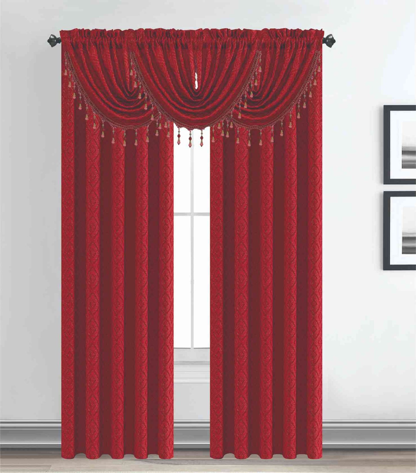Maxine Jacquard Curtain Panel & Waterfall Valance Set - 5 Pieces (2 Panels + 3 Valance) - Stylish Curtains