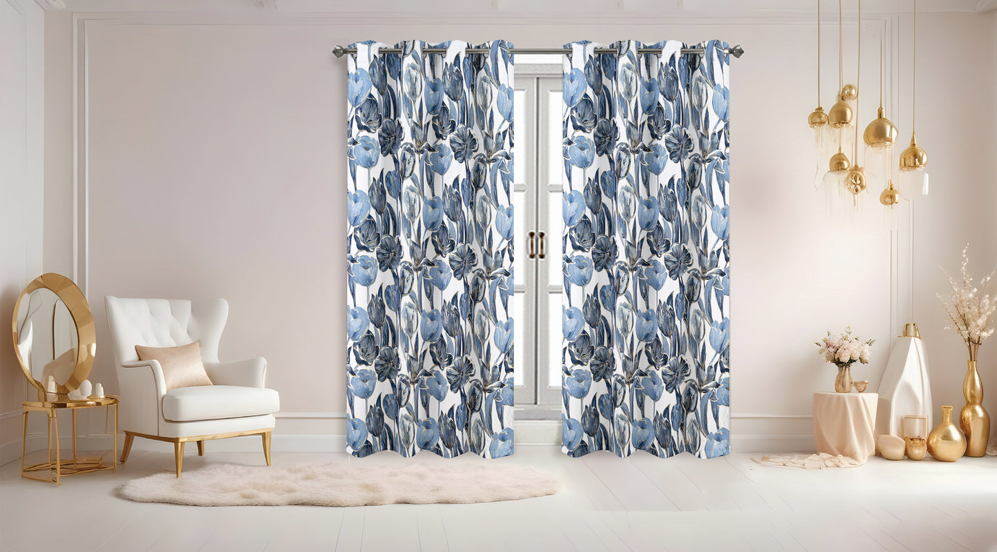 Floral patterned curtains in a room with decor elements.