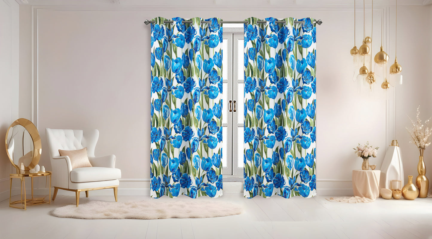 Floral patterned curtains in a room with decor elements.