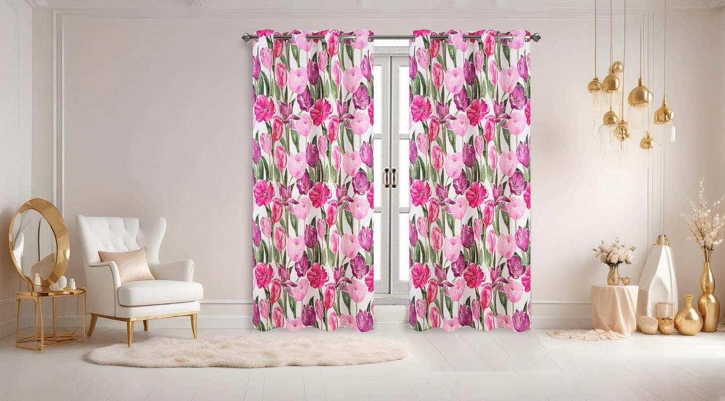 Floral patterned curtains in a room with decor elements.