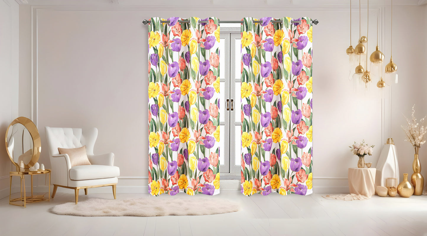 Floral patterned curtains in a room with decor elements.