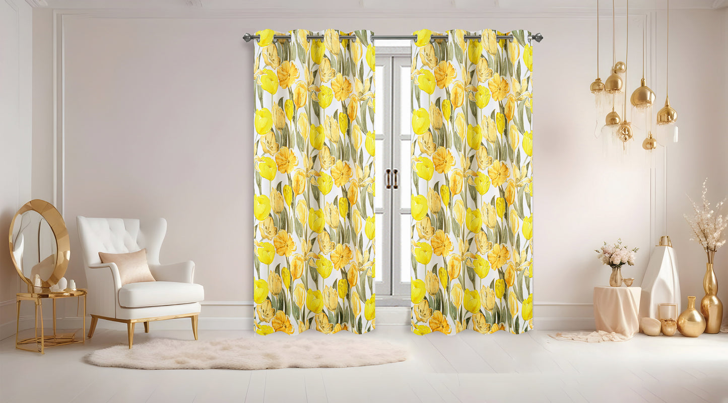 Floral patterned curtains in a room with decor elements.