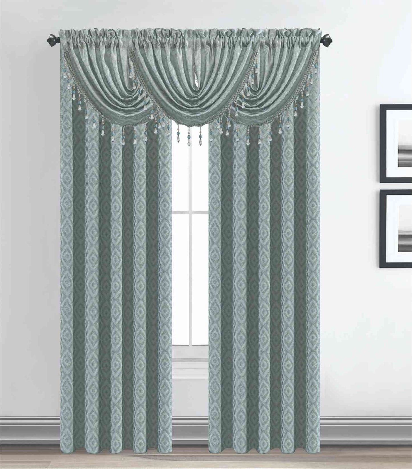 Maxine Jacquard Curtain Panel & Waterfall Valance Set - 5 Pieces (2 Panels + 3 Valance) - Stylish Curtains