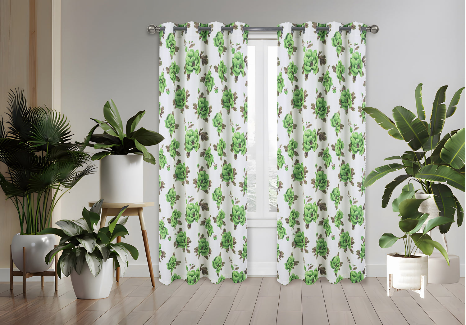 Green floral patterned curtains in a room with plants