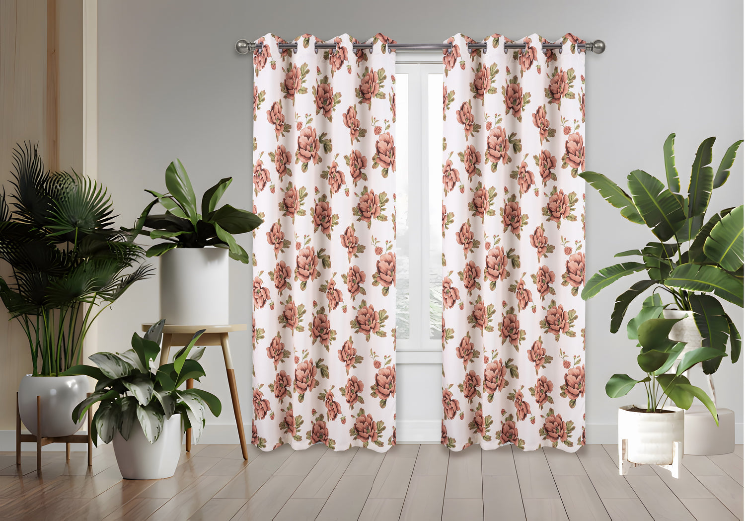Floral curtains with pink roses in a room with plants and a stool.