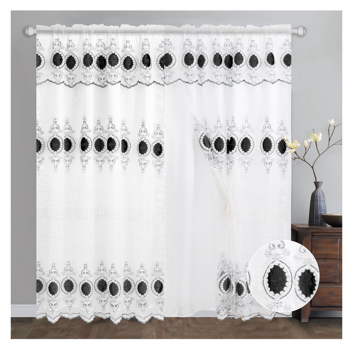 Luxury Rod Pocket Embroidered Curtain Panel with Backing