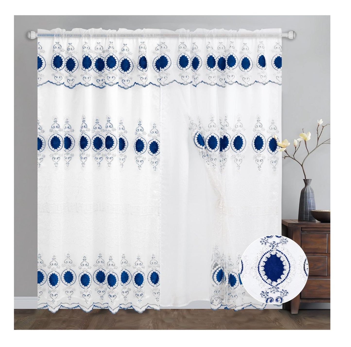Luxury Rod Pocket Embroidered Curtain Panel with Backing