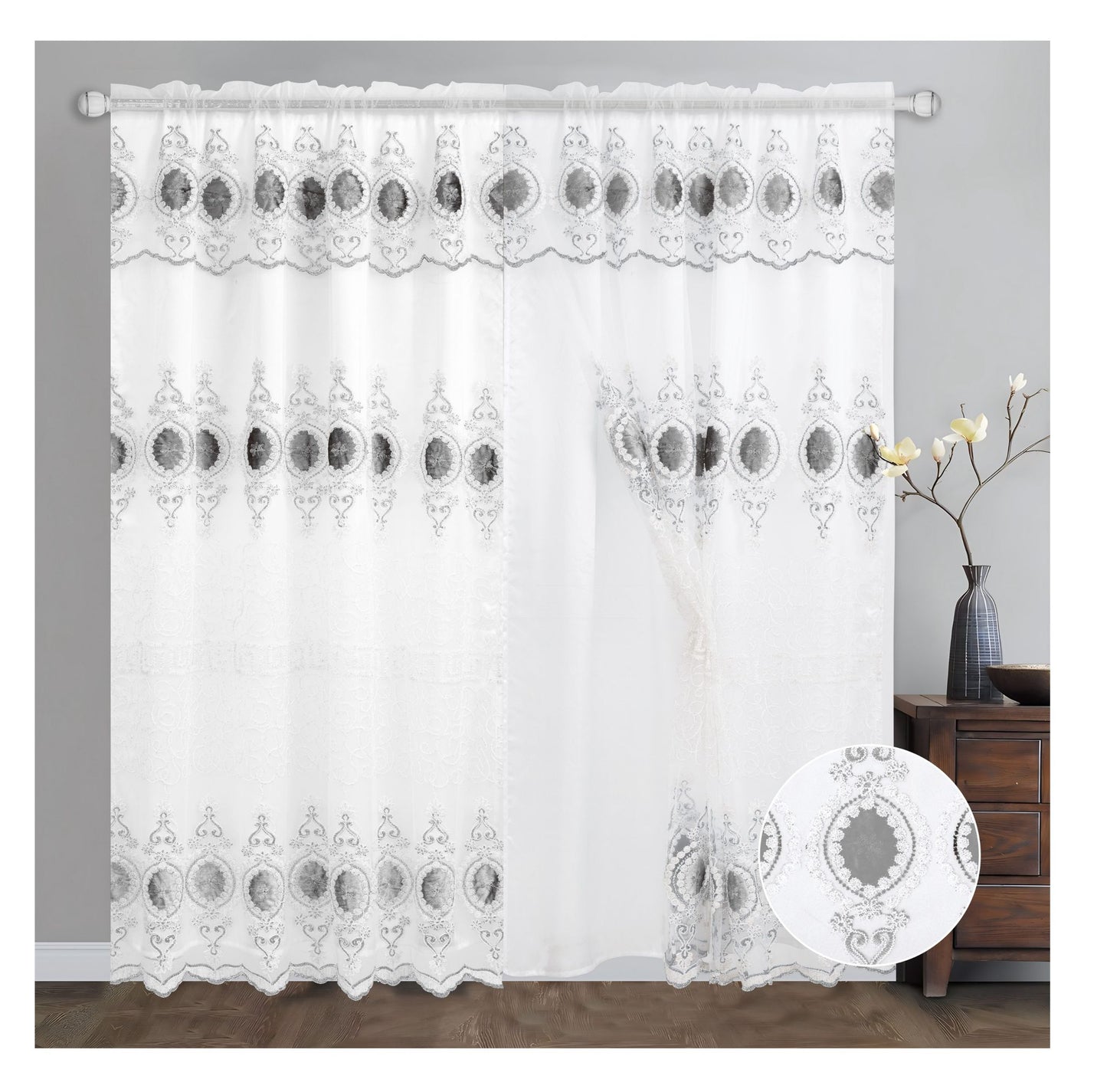 Luxury Rod Pocket Embroidered Curtain Panel with Backing
