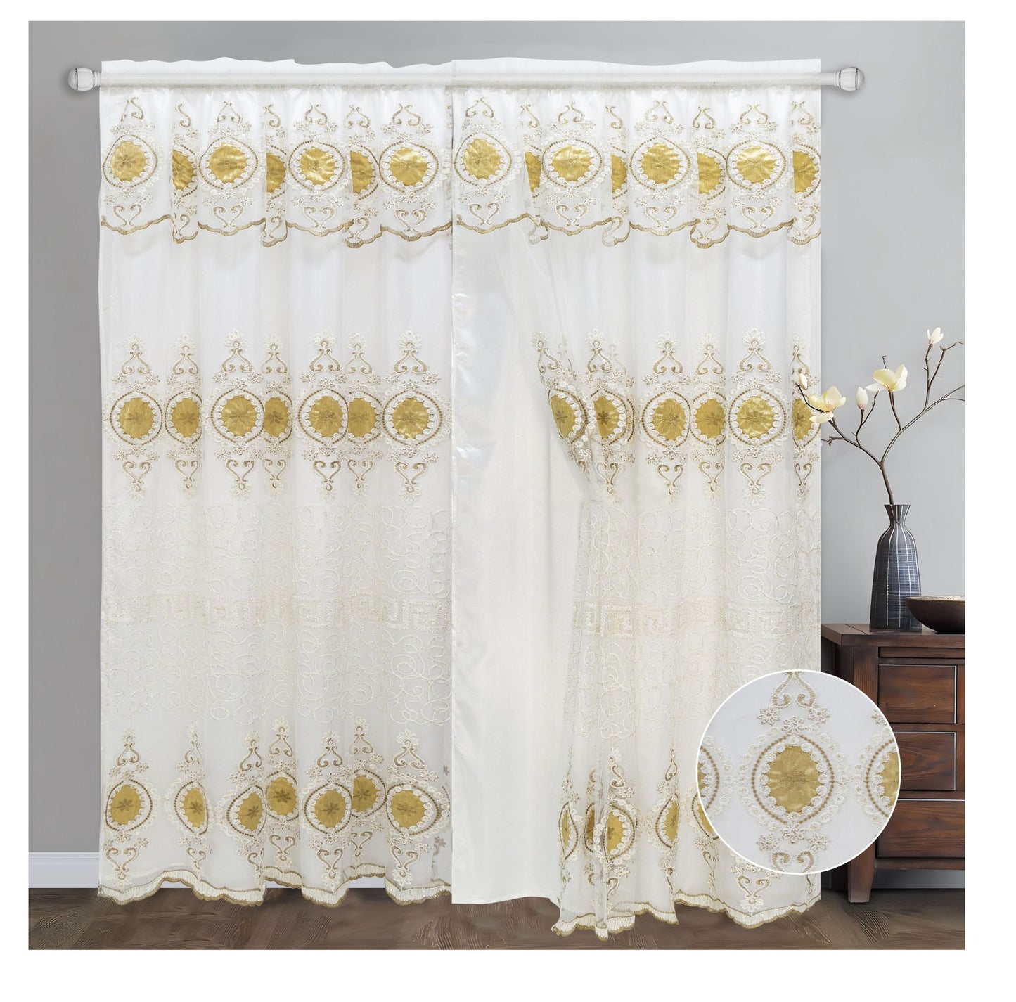 Luxury Rod Pocket Embroidered Curtain Panel with Backing