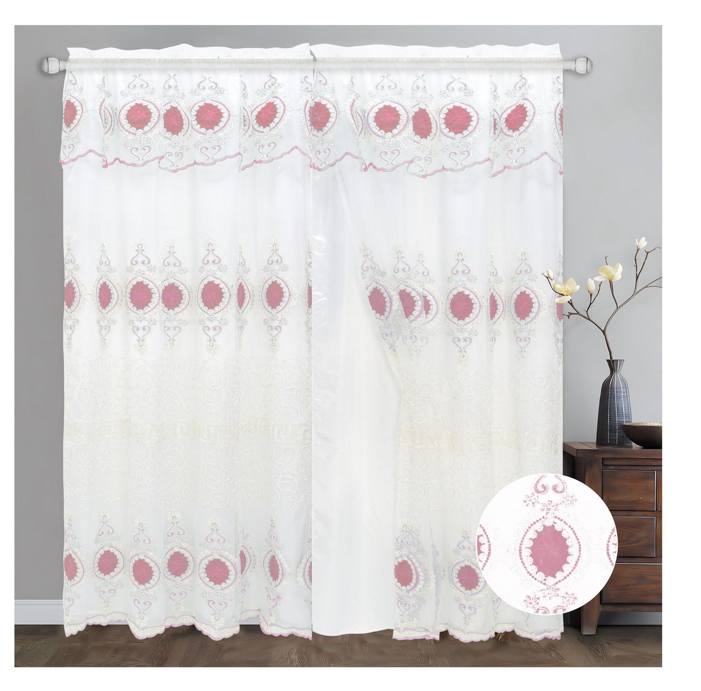 Luxury Rod Pocket Embroidered Curtain Panel with Backing