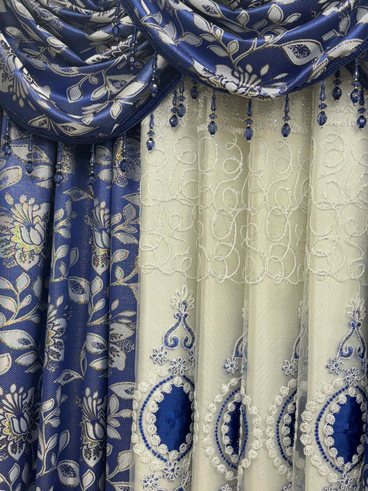 Magnolia Navy Blue 7-Piece Curtain Set - Stylish Curtains