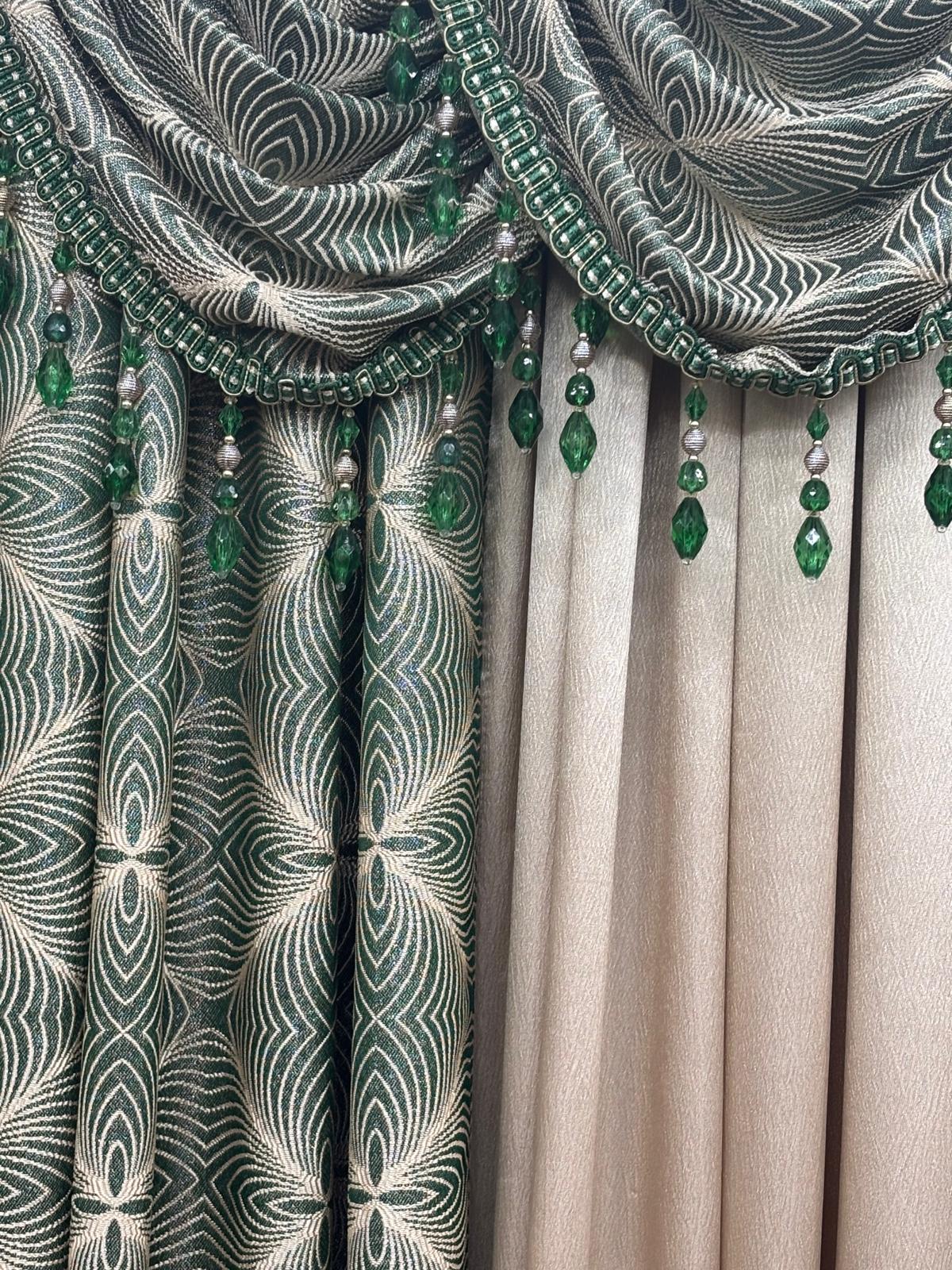 Margo 6 Piece Luxury Curtain Set With Regency Center Panel – Emerald and Beige