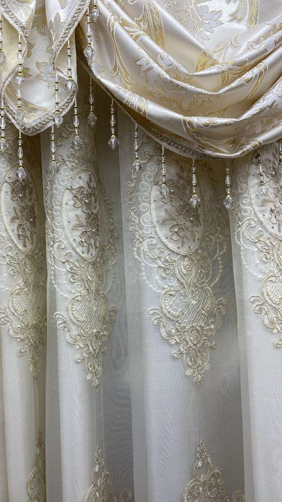 Mina 7 Piece Luxury Beige Curtain Set with Monalisa Panels & Backing - Stylish Curtains