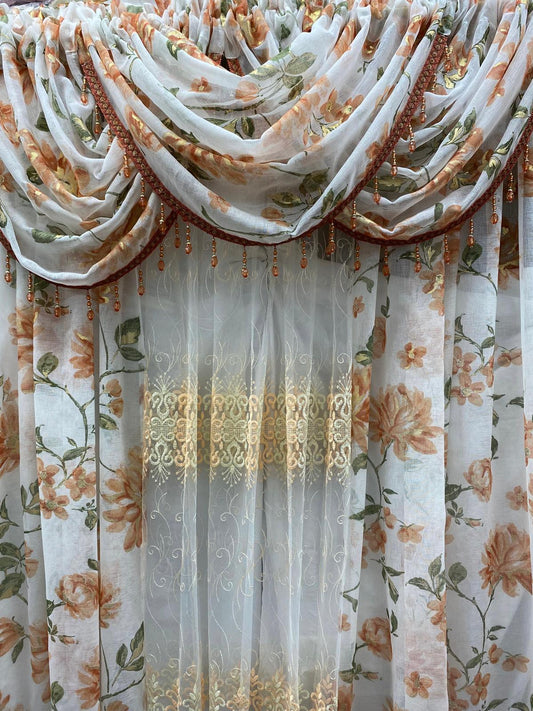 Anna 6-Piece Luxury Orange Curtain Set With Amy Embroidered Panel - Stylish Curtains