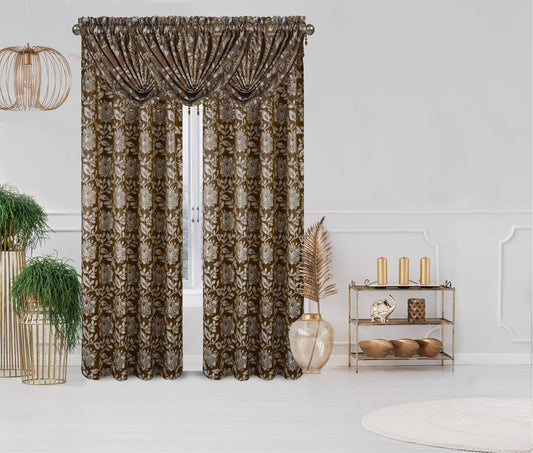 Magnolia 5-Piece Luxury Curtain Set With Waterfall Valances | Burgundy, Blue & Brown - Stylish Curtains
