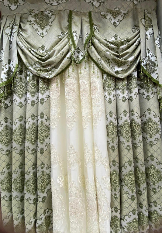 Luxury Tina Sage 5 Pc Curtain Set with Monalisa Embroidered Sheer & Valance | Elegant Designer Drapes for Modern Homes - Stylish Curtains