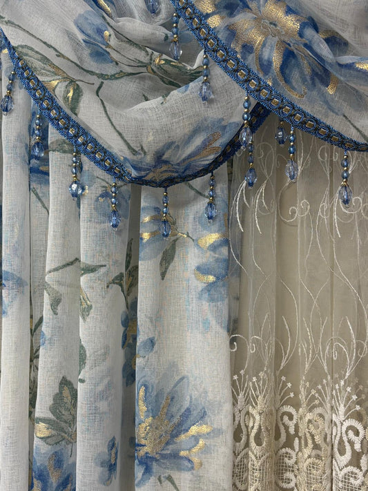Luxury Anna Blue 6PC Curtain Set With Amy Embroidered Curtain - Stylish Curtains