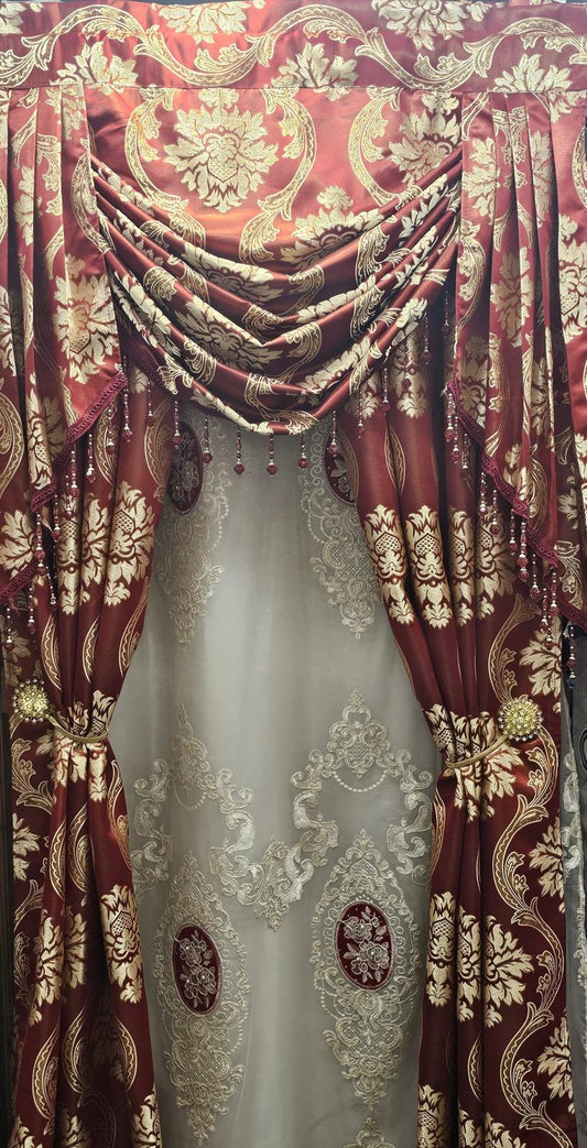 Luxury Mina Burgundy 7PC Curtain Set With Monalisa Embroidered Curtain & Magnetic Holders - Stylish Curtains