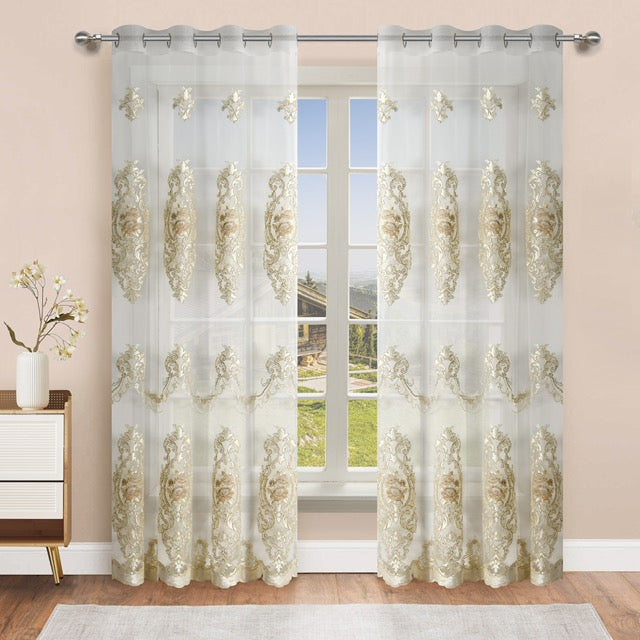 Monrose Embroidered Sheer Curtain Panel | Luxury Floral Grommet Window Drapes | Pink & Taupe