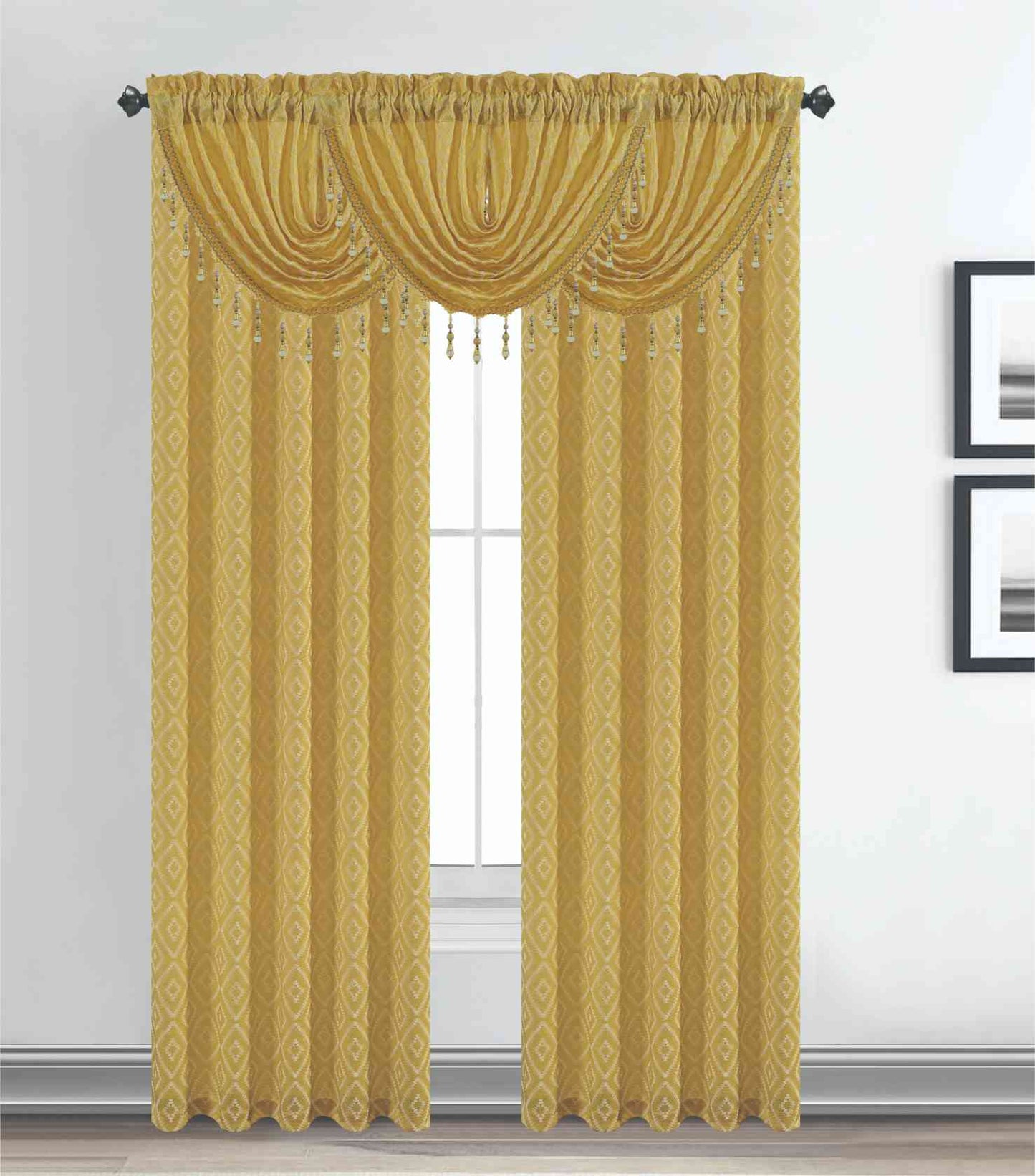 Maxine Jacquard Curtain Panel & Waterfall Valance Set - 5 Pieces (2 Panels + 3 Valance) - Stylish Curtains