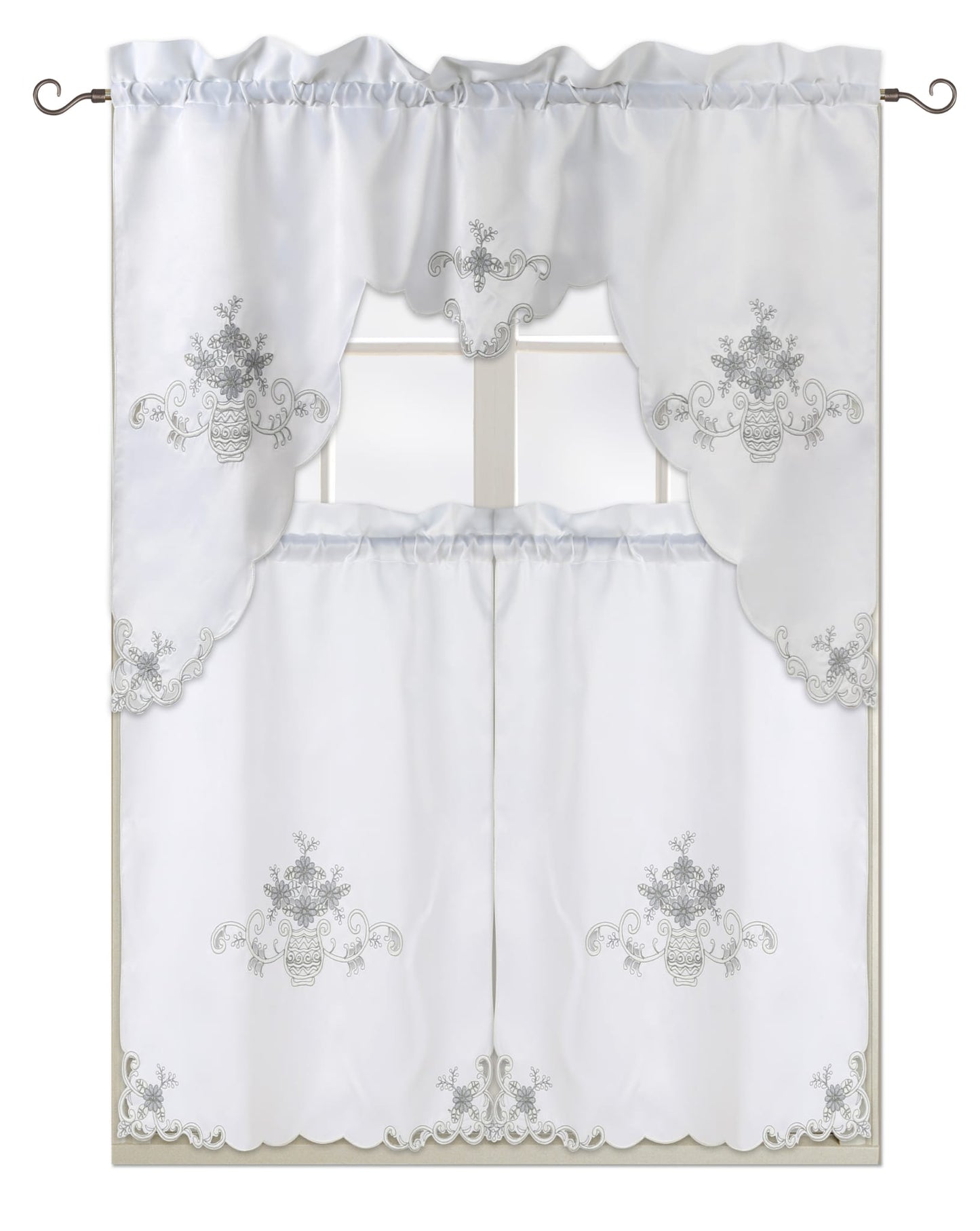 Camila Embroidered 3 Piece Kitchen Curtain Set - Stylish Curtains