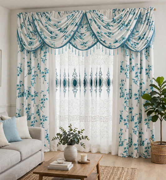 Regency Blossom Teal 11 Piece Curtain Set | Luxury Floral Window Treatment with Veronica Embroidered Panels