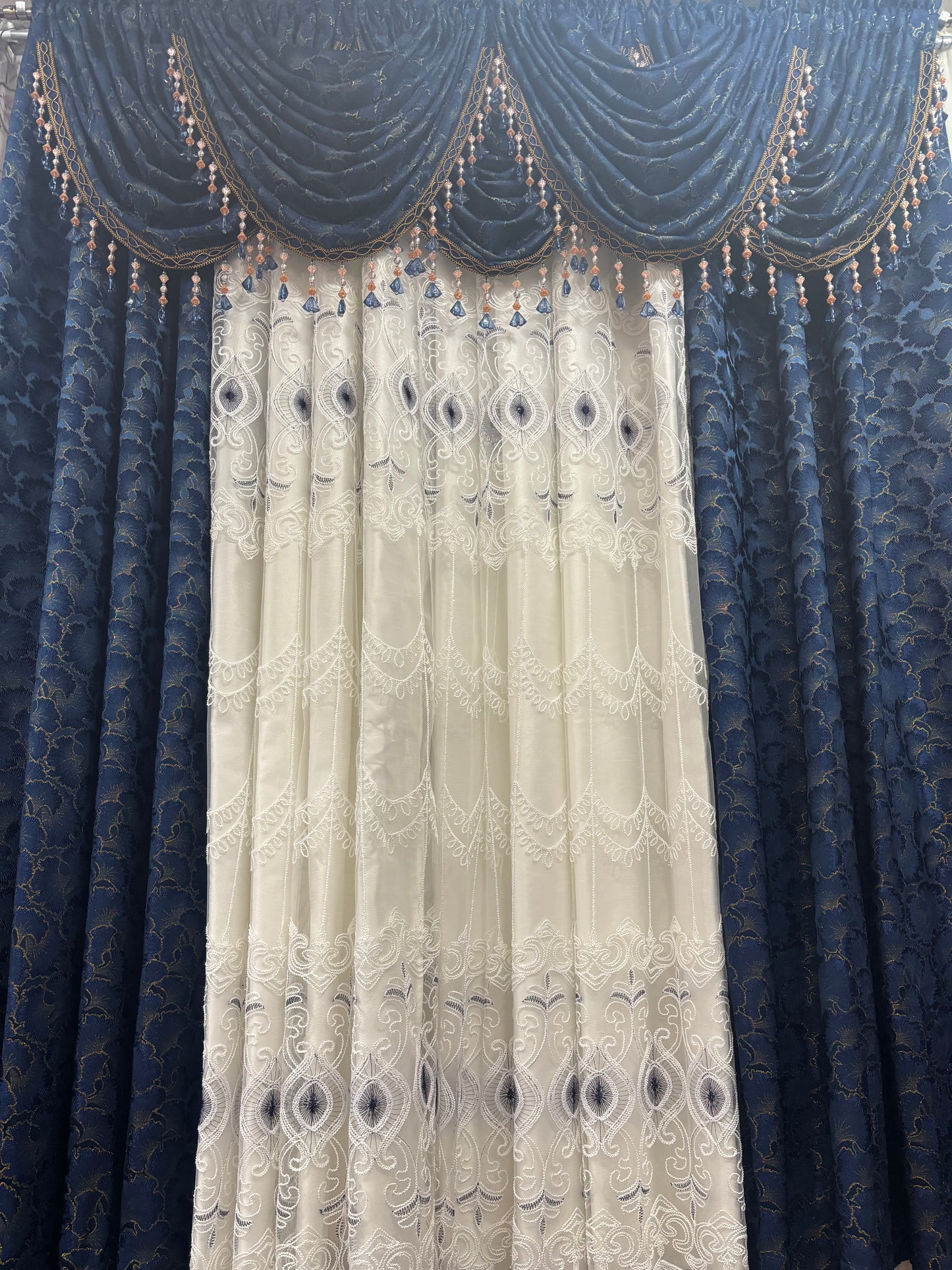 Luxury Stefania Navy 11PC Curtain Set with Elizabeth Embroidered Curtains - Stylish Curtains