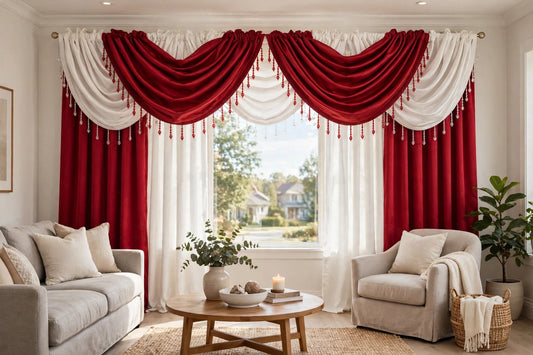 Regency 9 - Piece Luxury Curtain Set – Red & White | Premium Beaded Window Treatment