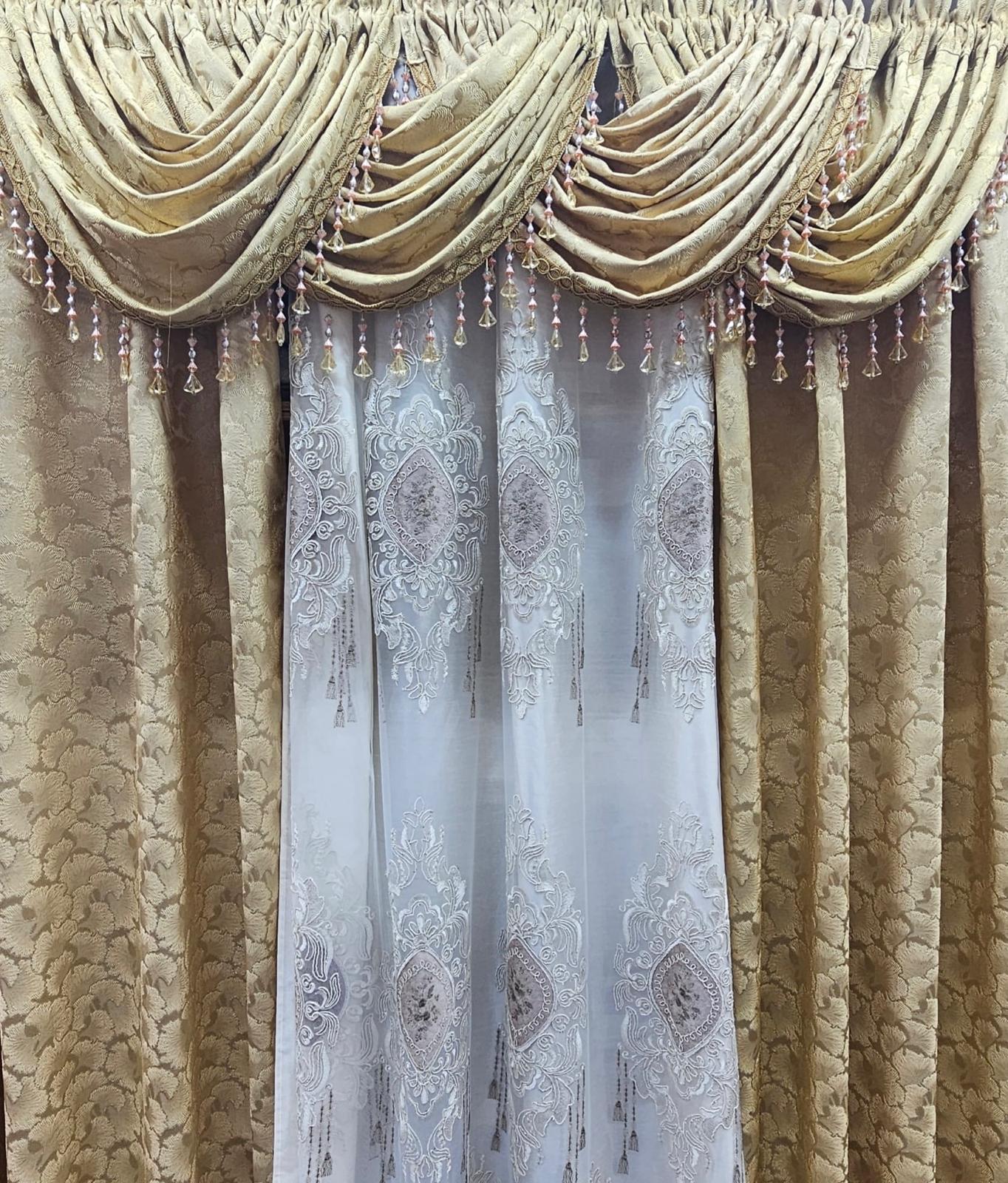 8 piece Stefania gold curtain set with four waterfall valances and layered panel