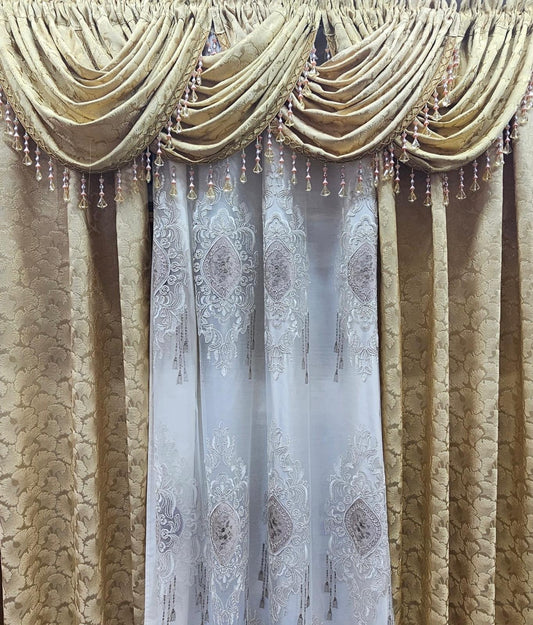 8 piece Stefania gold curtain set with four waterfall valances and layered panel
