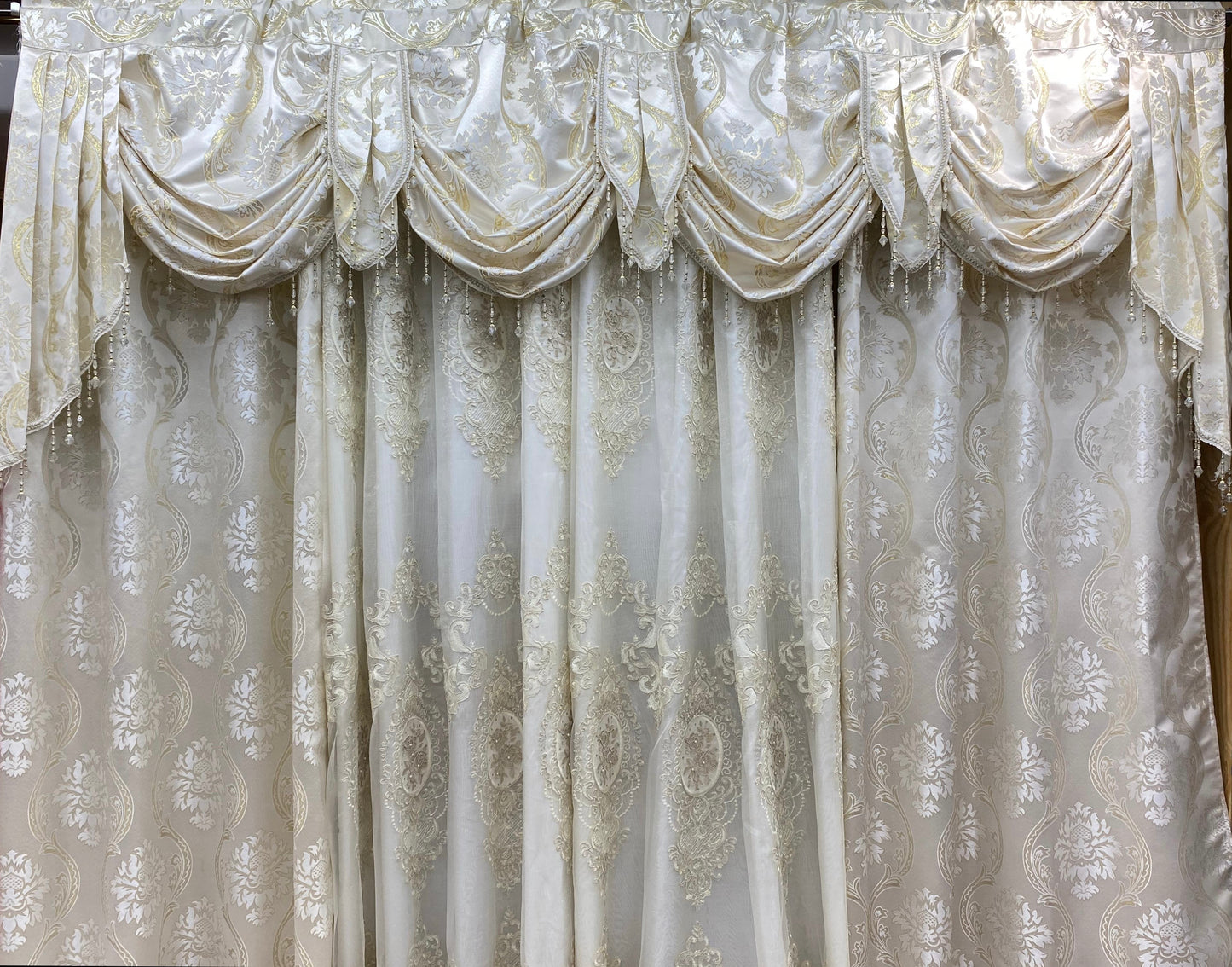 Mina 7 Piece Luxury Beige Curtain Set with Monalisa Panels & Backing