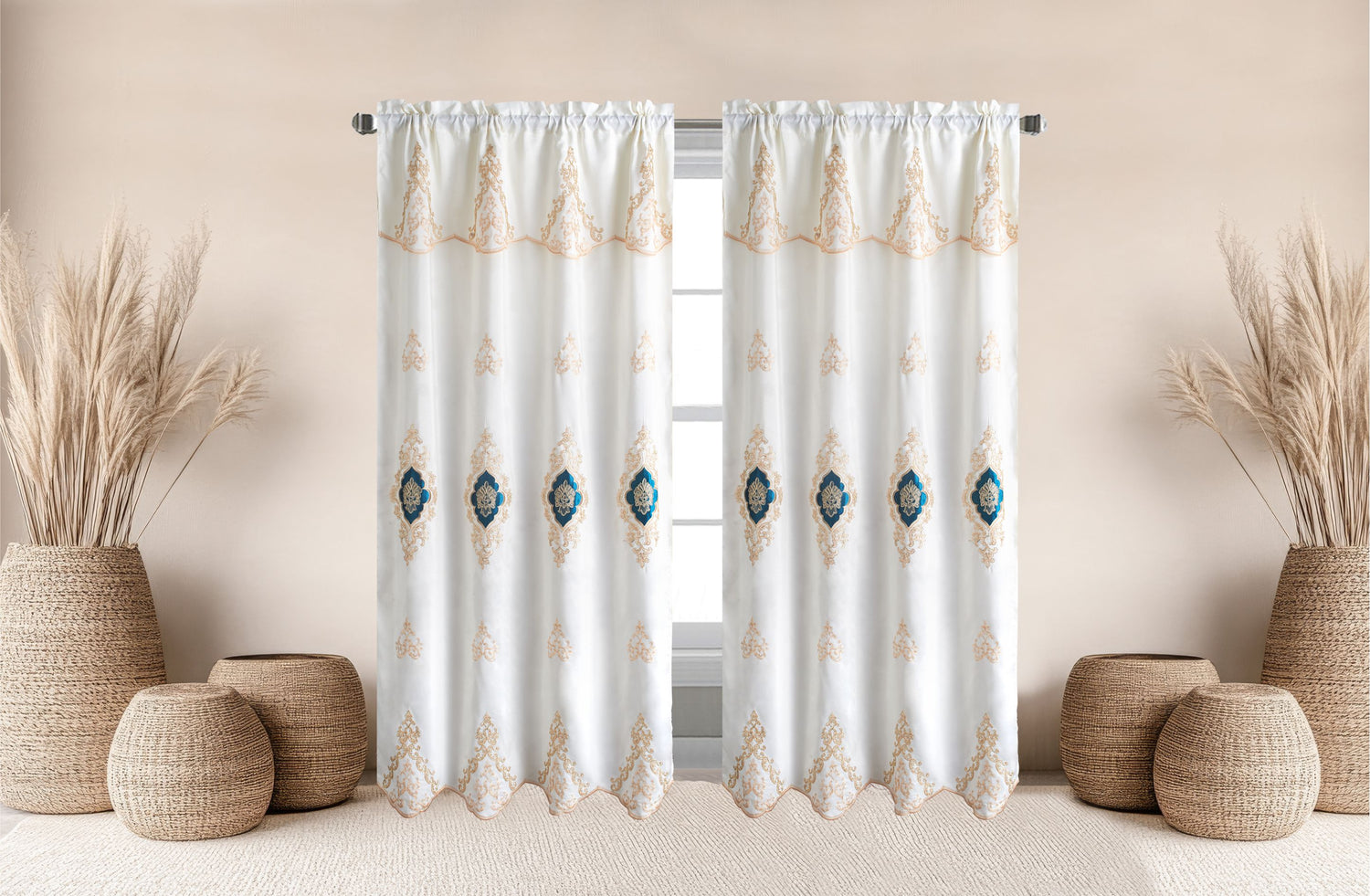 Amani Embroidered Window Panel With Attached Valance Luxury Curtain Set - Stylish Curtains