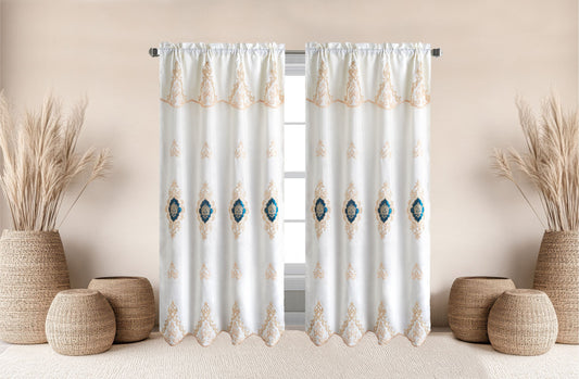 Amani Embroidered Window Panel With Attached Valance Luxury Curtain Set - Stylish Curtains