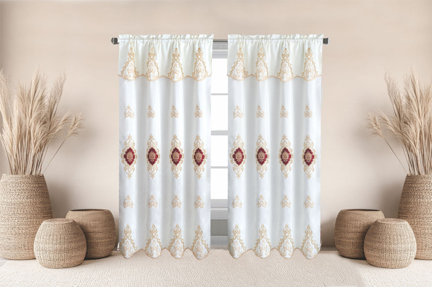 Amani Embroidered Window Panel With Attached Valance Luxury Curtain Set - Stylish Curtains